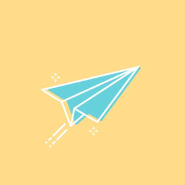 Kontratla uçan kağıt uçak. Sarı arka planda turkuaz tabela. Yaratıcılık kavramı, teslimat, gönderme, mesaj. Vektör illüstrasyonu, düz tasarım