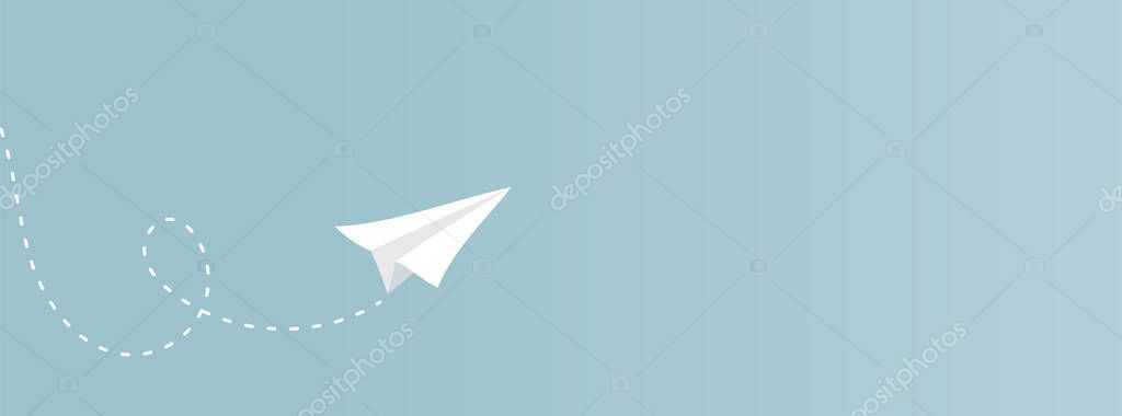 Paper plane flying with contrail. Horizontal banner. Vector illustration, flat design