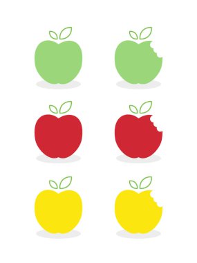 Set: elma simgeleri. Yeşil, kırmızı ve sarı parlak renkler. Tam elmalı ve ısırılmış. Vektör illüstrasyonu, düz ve minimal biçim.