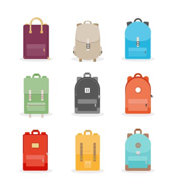 Sırt çantası hazır. Okul, seyahat, turizm ve spor için renkli sırt çantaları. Vektör illüstrasyonu, düz tasarım