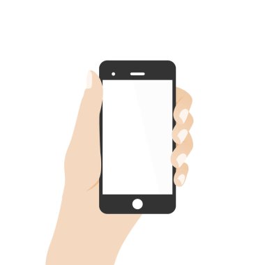 Cep telefonu tutan kadın. Vektör illüstrasyonu, düz tasarım