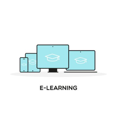 Eearning simgesi. Eğitim, kurs, mezuniyet, giyim ya da çevrimiçi eğitim kavramı. Vektör illüstrasyonu, düz tasarım