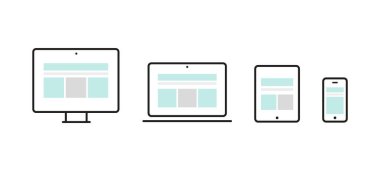 Tepkili web tasarımı. Aygıt: Masaüstü bilgisayar, dizüstü bilgisayar, tablet ve akıllı telefon. Web geliştirme, kullanıcı deneyimi. Vektör illüstrasyonu, düz tasarım
