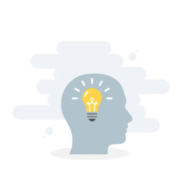 女性の頭と脳のベクトルアイコン 電球だ 創造性 アイデア 解決策の概念 ベクトルイラスト 平面デザイン — ストックベクタ