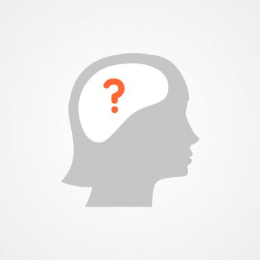 Kadın kafası ve soru. Çözüm kavramı, şüpheler. Vektör illüstrasyonu, düz tasarım