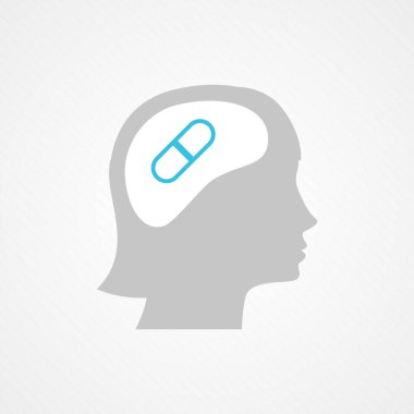 Kadın kafası ve hap ikonu. İlaç konsepti, eczane. Vektör illüstrasyonu, düz tasarım