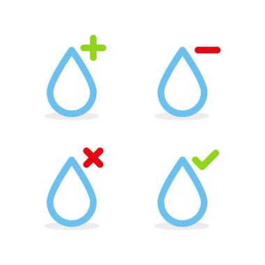 Set: Water drops with plus, minus, tick and cross symbols. Vector illustration, flat design