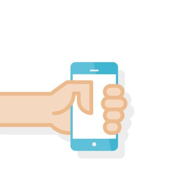 Hand holding smartphone. Vector illustration, flat style