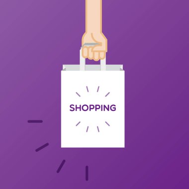 El ele tutuşan alışveriş çantası. Vektör illüstrasyonu, düz tasarım