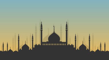 Gün batımında minareler ve kubbeler. Esrarengiz bir geçmiş. Vektör illüstrasyonu, düz tasarım