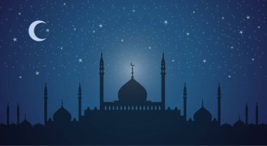 Geceleri minareler ve kubbeler. Esrarengiz bir geçmiş. Vektör illüstrasyonu, düz tasarım