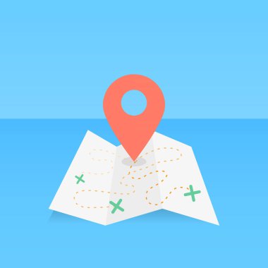 Konum şifreli katlanmış harita. Gösterge, seyahat, konum kavramı. Vektör illüstrasyonu, düz tasarım