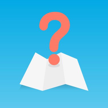 Katlanmış harita ve soru işareti. Vektör illüstrasyonu, düz tasarım