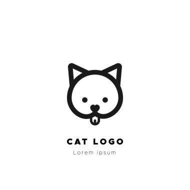 Kedi logosu. Siyah, kalın bir taslak. Mutlu kedi. Vektör illüstrasyonu, düz tasarım