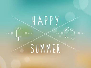 Mutlu yazlar. Yazlık simgeler ve harfler. Arka plan bulanık. Vektör illüstrasyonu, düz tasarım