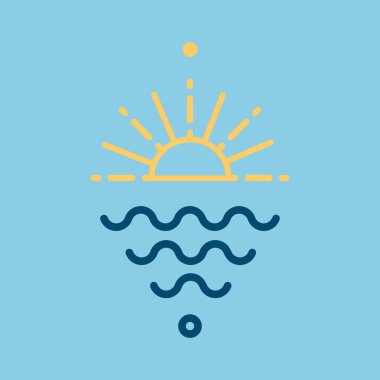 Yaz zamanı. Doğrusal sarı güneş patlaması ve deniz simgeleri. Vektör illüstrasyonu, düz tasarım