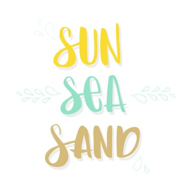 Güneş, deniz, kum harfleri. Su damlaları. Vektör illüstrasyonu, el çizimi tasarımı