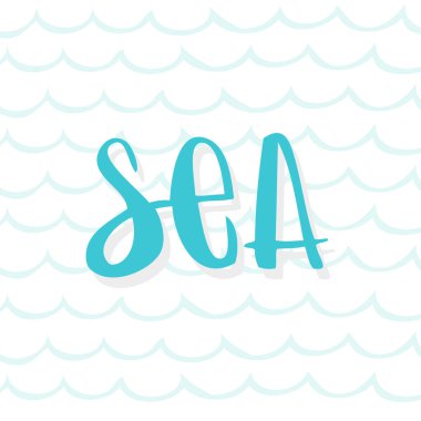 Deniz harfleri. Dalgalar arka plan. Mavi renk. Vektör illüstrasyonu, el çizimi tasarımı