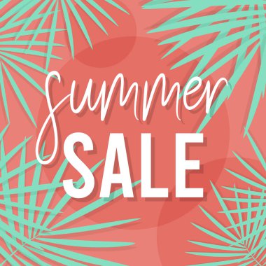 Yaz indirimi afişi. Yeşil tropik palmiye yapraklı soyut bir arka plan. Vektör illüstrasyonu, düz tasarım