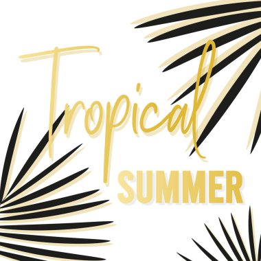 Tropik yaz altın metni. Koyu tropik palmiye yaprakları olan bir arka plan. Vektör illüstrasyonu, düz tasarım