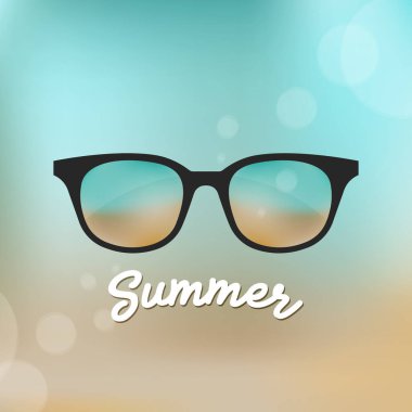 Retro cam ayna güneş gözlüğü. Arka plan bulanık. Sahilde. Ön manzara. Yaz kavramı. Vektör illüstrasyonu, düz tasarım