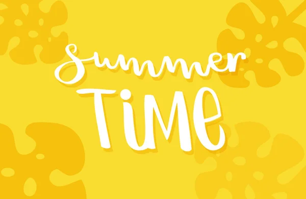 Schriftzug Sommerzeit Tropische Blätter Gelbe Farbe Vektor Illustration Flaches Design — Stockvektor