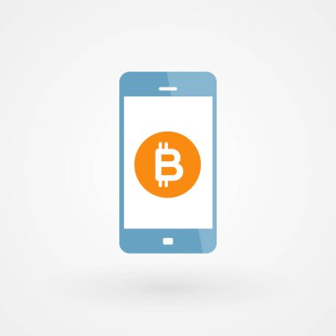 Bitcoin ve akıllı telefon. Kripto para birimi konsepti. Dijital para birimi. Vektör illüstrasyonu, düz tasarım