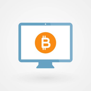 Bitcoin ve masaüstü bilgisayarı. Kripto para birimi konsepti. Dijital para birimi. Vektör illüstrasyonu, düz tasarım