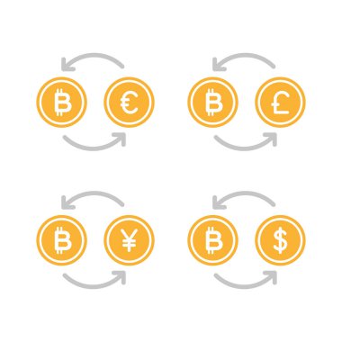 Bitcoin değişimi. Kripto para birimi konsepti. Dijital para birimi. Vektör illüstrasyonu, düz tasarım