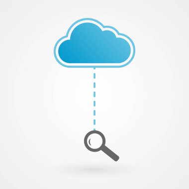 Bulut ve büyüteç simgesi. Vektör illüstrasyonu, düz tasarım