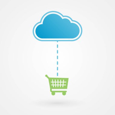 Bulut ve alışveriş arabası. İnternetten alışveriş. Vektör illüstrasyonu, düz tasarım