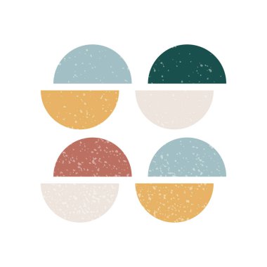 Minimum geometrik bileşim. Grunge desenli yarı daireler. Eski tarz. Vektör illüstrasyonu, düz tasarım