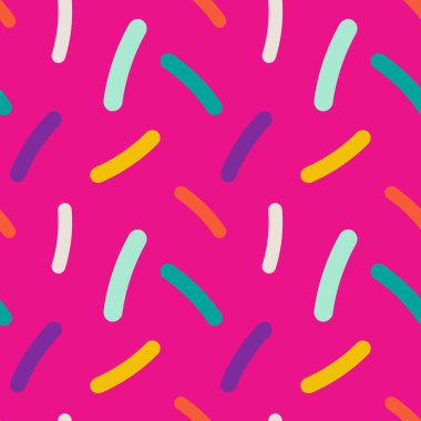 Gökkuşağı serpiştirme deseni. Tekstil, ürün uygulaması için. Pembe arka plan. Tatlı ve eğlenceli. Vektör illüstrasyonu, düz tasarım