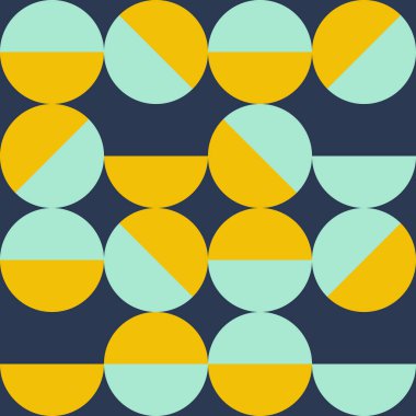 Soyut geometrik desen. Koyu mavi, sarı ve turkuaz yarı daireler. Tekstil, ürün uygulaması için. Vektör illüstrasyonu, düz tasarım