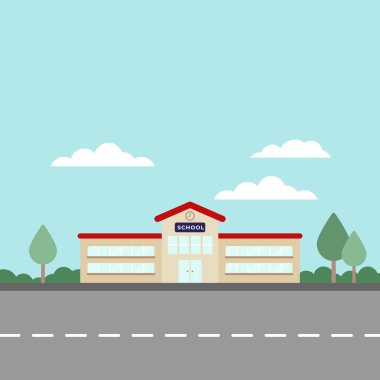 Okul binası. Gökyüzü, ağaçlar ve yollar olan şehir manzarası. Okula dönelim. Vektör illüstrasyonu, düz tasarım