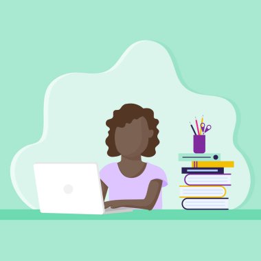 Dizüstü bilgisayar kullanan bir kız çocuğu. Dizüstü bilgisayar aygıtı, kitaplar ve malzeme bürosu masanın üstünde. Online eğitim. Okula dönelim. Vektör illüstrasyonu, düz tasarım