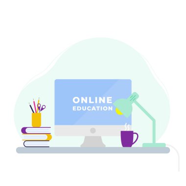 Çevrimiçi eğitim kavramı. Masaüstü bilgisayarı, lamba, kitaplar, kahve fincanı ve malzeme ofisi masanın üstünde. Okula dönelim. Vektör illüstrasyonu, düz tasarım