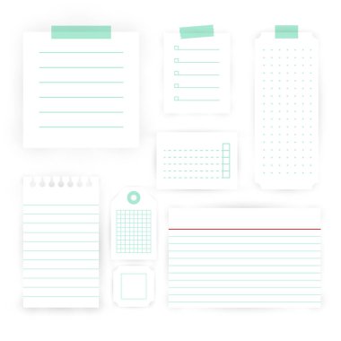 Kağıt, etiket ve kartlar hazır. Farklı astarlı, noktalı ve kare beyaz kağıt notlar. Okula dönelim. Vektör illüstrasyonu, düz tasarım