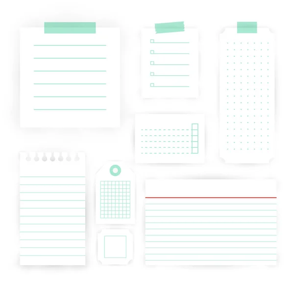 Paper Notes Tag Cards Set Different Lined Dotted Squared White — Stock Vector