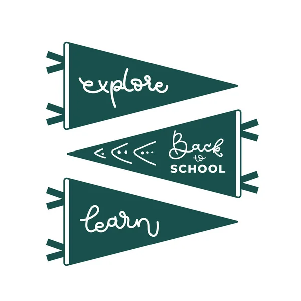 Ritorno Scuola Pennant Verdi Esplora Impara Illustrazione Vettoriale Design Piatto — Vettoriale Stock