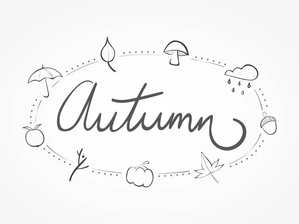 Autumn Lettering Doodles Horizontal Composition Vector Illustration Flat Design — Stock Vector