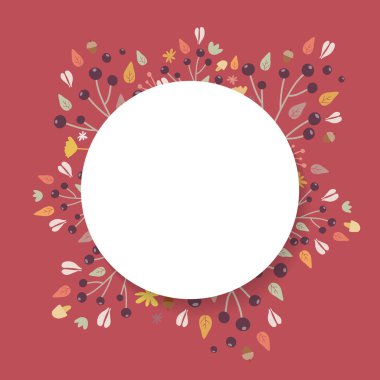 Sonbahar arkaplanı. Koyu kırmızı arkaplanda sonbahar renkleri olan el çizimi elementler. Meyveler, tohumlar, çiçekler, yapraklar, mantarlar, dallar, bir çember etrafında meşe palamutları. Vektör illüstrasyonu, düz tasarım