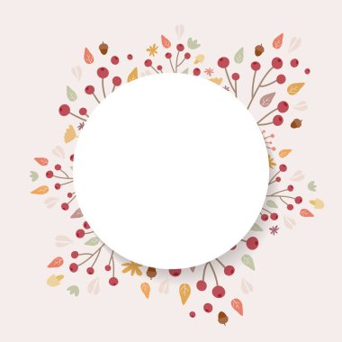 Sonbahar arkaplanı. Krem arkaplanda sonbahar renkleri olan el çizimi elementler. Meyveler, tohumlar, çiçekler, yapraklar, mantarlar, dallar, bir çember etrafında meşe palamutları. Vektör illüstrasyonu, düz tasarım