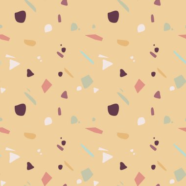 Hardal arkaplanda sonbahar renklerinde terrazzo deseni var. Taş dokusu. Vektör illüstrasyonu, düz tasarım