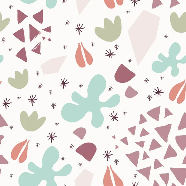 Beyaz arka planda sonbahar renklerinde kusursuz desen. Soyut ve doğal şekiller, çiçekler, meyveler, tohumlar. Vektör illüstrasyonu, düz tasarım