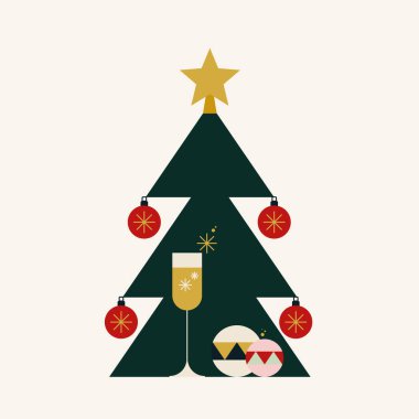 Geometrik elementli Noel tebrik kartı. Davetiye, poster, reklam için. Vektör illüstrasyonu, düz tasarım