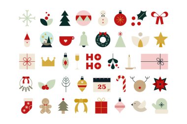 Geometrik Noel ikonu koleksiyonu. Bir takım süsler ve tatil öğeleri. Vektör illüstrasyonu, düz tasarım