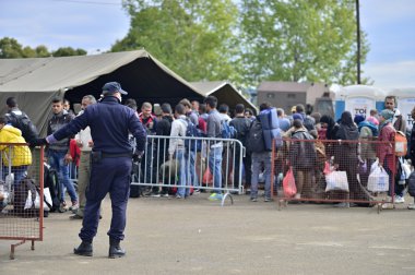 Refugees entering refugee camp in Opatovac clipart
