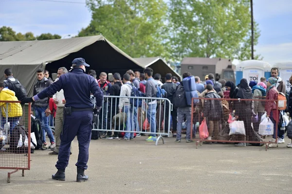 Refugees entering refugee camp in Opatovac — Stock Photo, Image