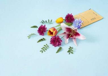 Taze renkli çiçeklerle dolu sevkiyatın teslimat sonrası yaratıcı konsepti. Pastel mavi arka planda bir buket çiçek..